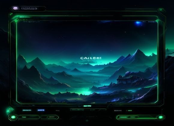 galagame 游戏平台多屏界面展示，霓虹绿光效与深空黑背景下玩家沉浸在竞技游戏中，画面充满科技感与活力